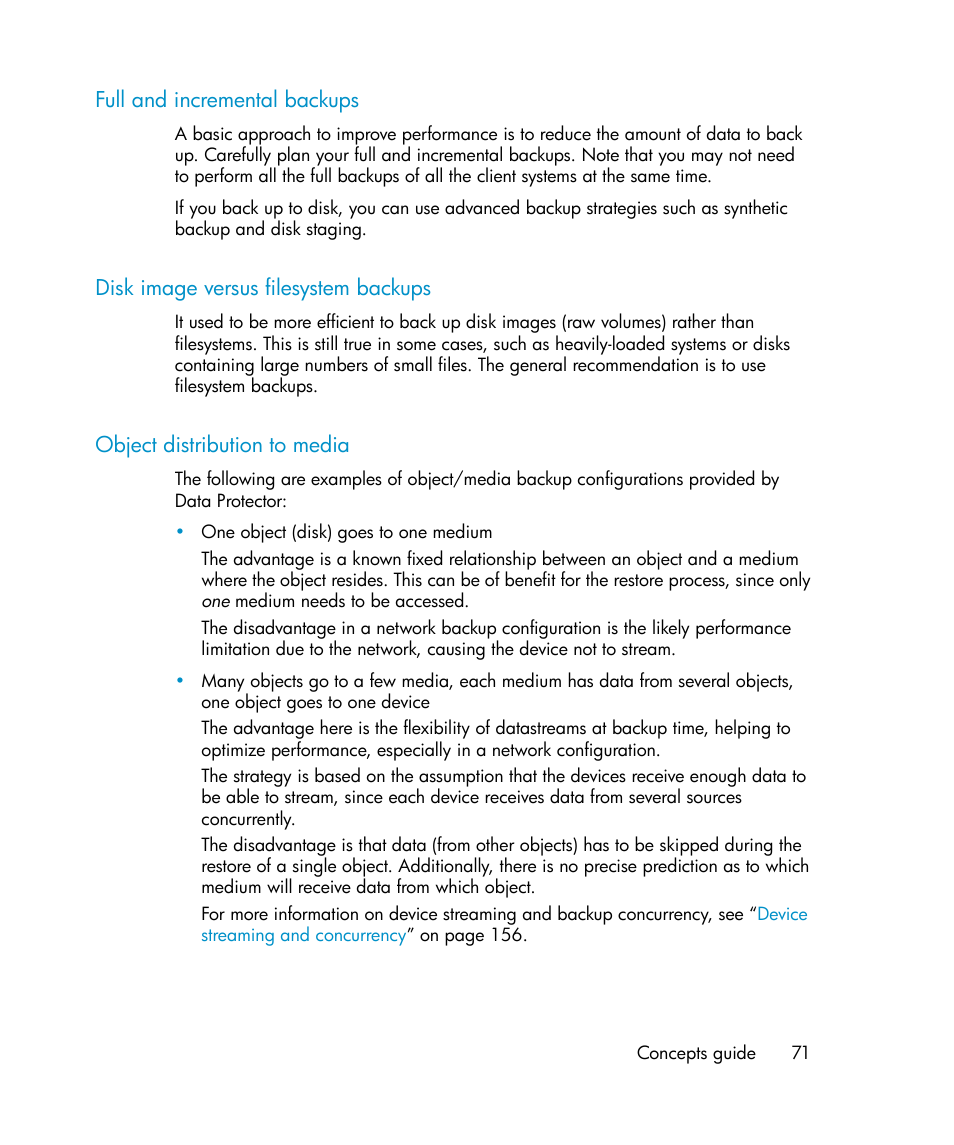 Full and incremental backups, Disk image versus filesystem backups, Object distribution to media | 71 disk image versus filesystem backups, 71 object distribution to media | HP B6960-96035 User Manual | Page 71 / 422