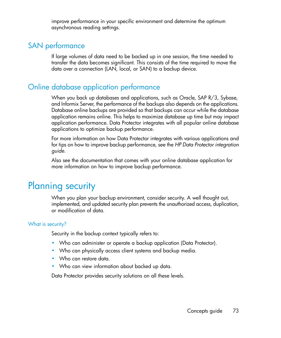 San performance, Online database application performance, Planning security | 73 online database application performance | HP B6960-96035 User Manual | Page 73 / 422