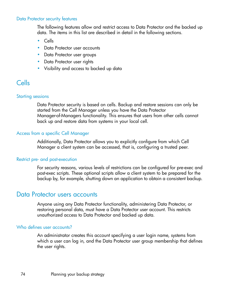 Cells, Data protector users accounts, 74 data protector users accounts | HP B6960-96035 User Manual | Page 74 / 422