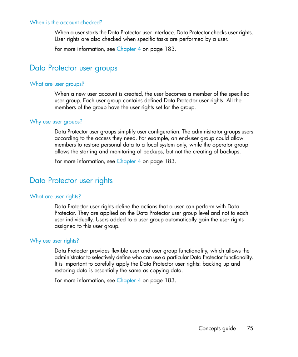 Data protector user groups, Data protector user rights, 75 data protector user rights | HP B6960-96035 User Manual | Page 75 / 422