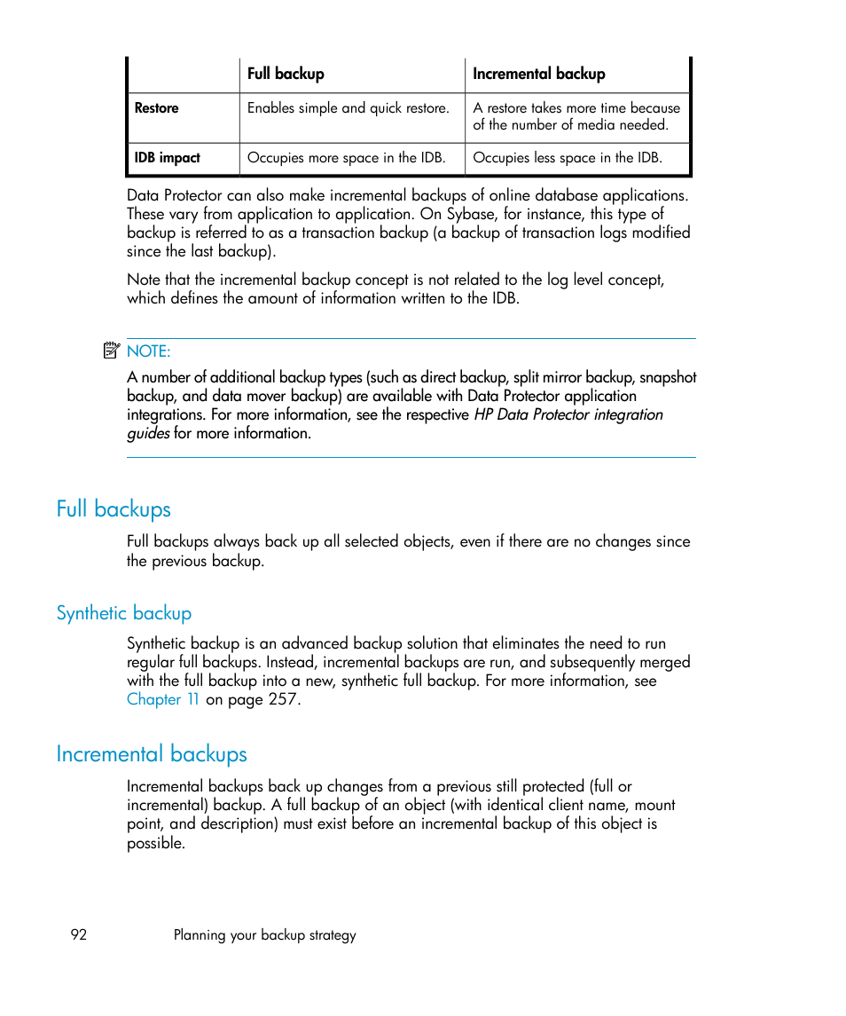 Full backups, Synthetic backup, Incremental backups | HP B6960-96035 User Manual | Page 92 / 422