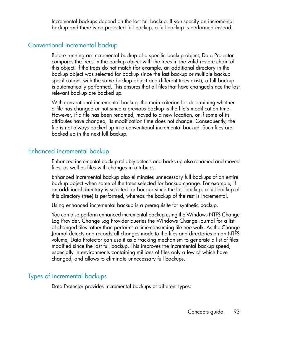 Conventional incremental backup, Enhanced incremental backup, Types of incremental backups | 93 enhanced incremental backup, 93 types of incremental backups | HP B6960-96035 User Manual | Page 93 / 422