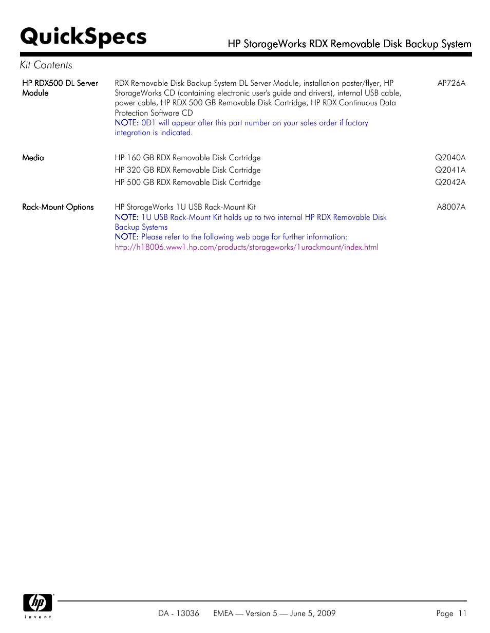 Quickspecs | HP RDX REMOVABLE DISK BACKUP SYSTEM DL380 User Manual | Page 11 / 14