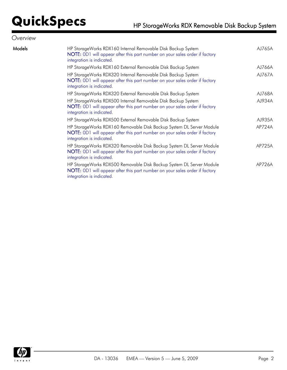 Quickspecs | HP RDX REMOVABLE DISK BACKUP SYSTEM DL380 User Manual | Page 2 / 14