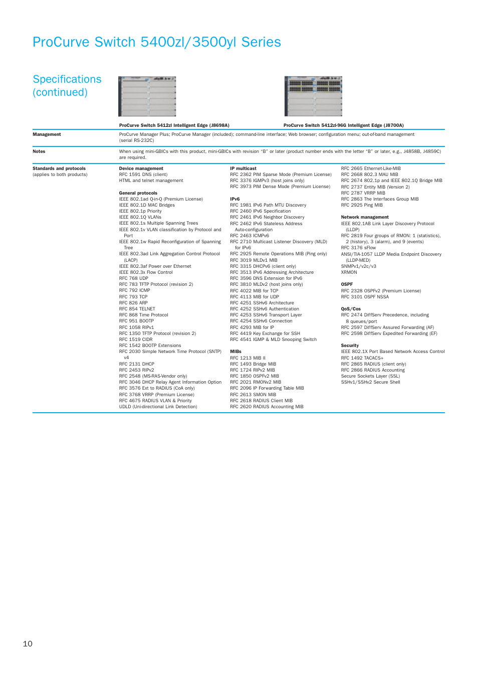 Specifications (continued) | HP 3500yl Series User Manual | Page 10 / 16