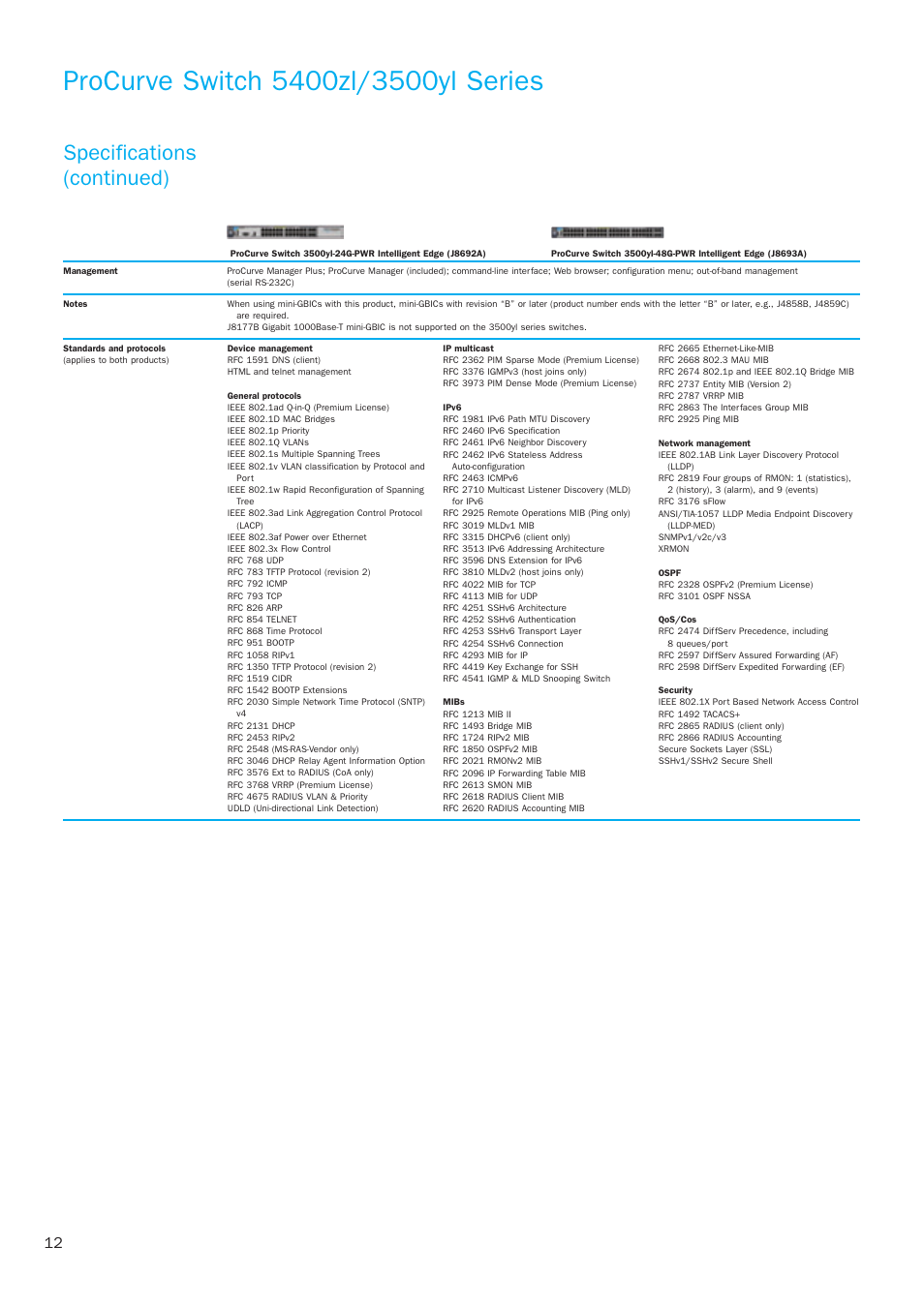 Specifications (continued) | HP 3500yl Series User Manual | Page 12 / 16