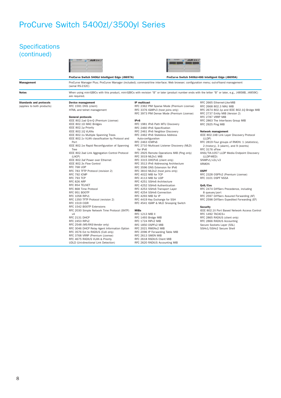 Specifications (continued) | HP 3500yl Series User Manual | Page 8 / 16