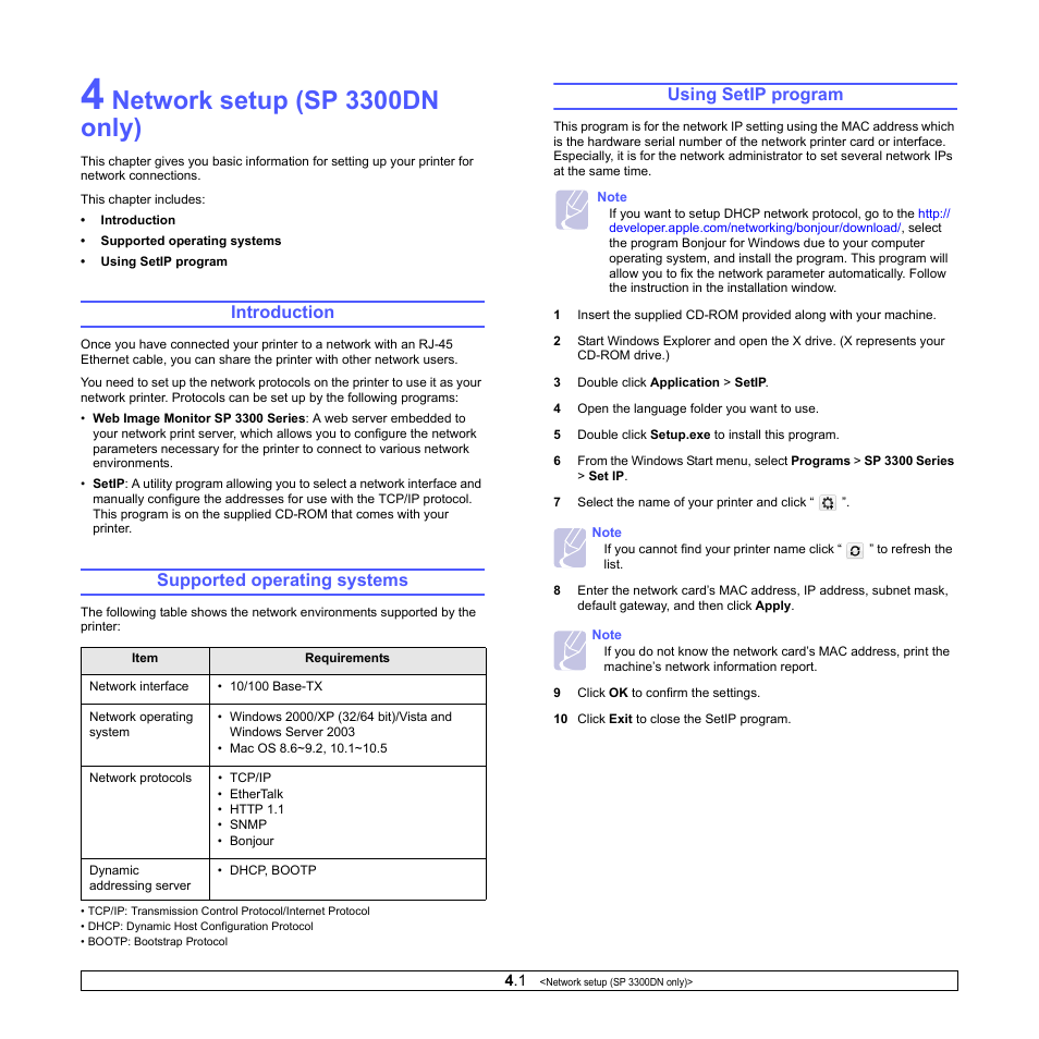 Network setup (sp 3300dn only), Introduction, Supported operating systems | Using setip program | HP SP 3300 User Manual | Page 17 / 105