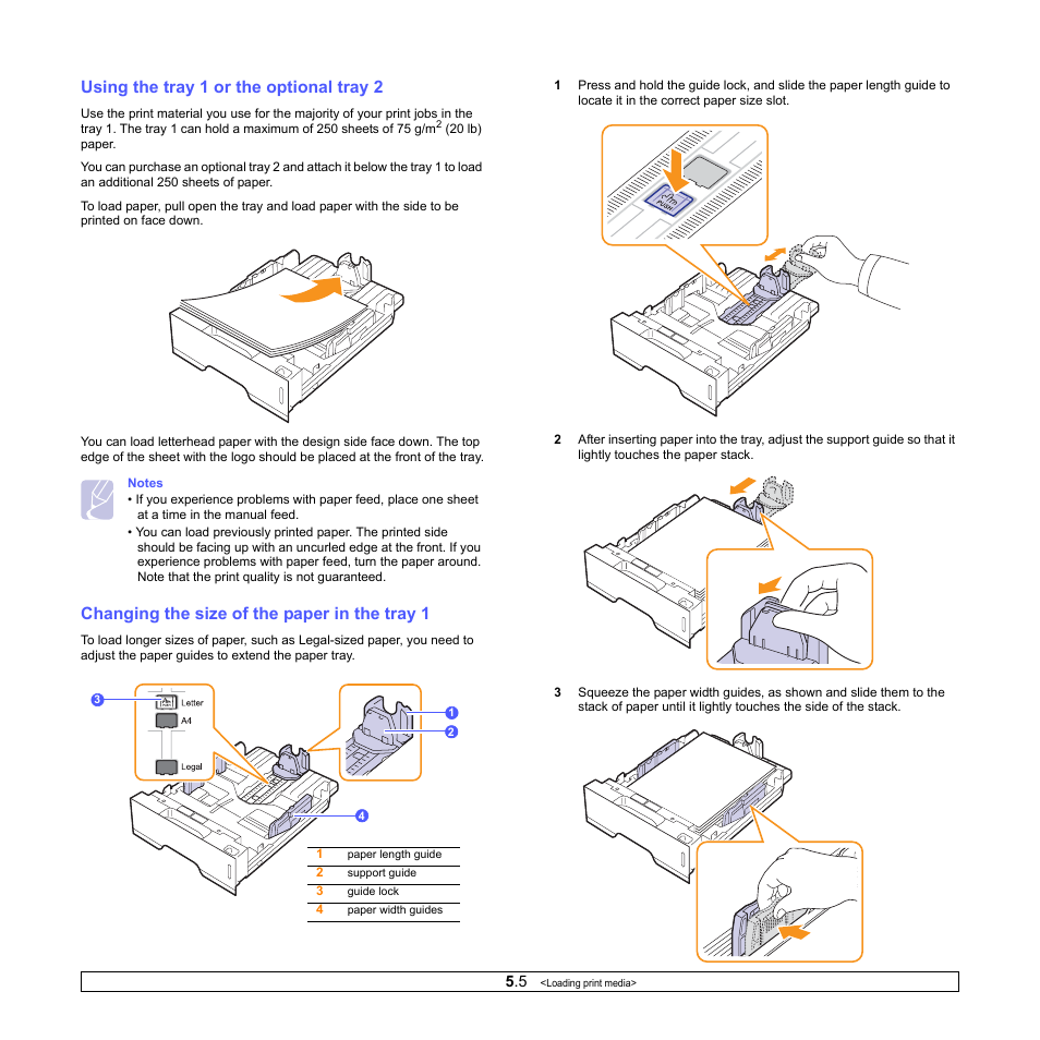 Using the tray 1 or the optional tray 2, Changing the size of the paper in the tray 1 | HP SP 3300 User Manual | Page 22 / 105