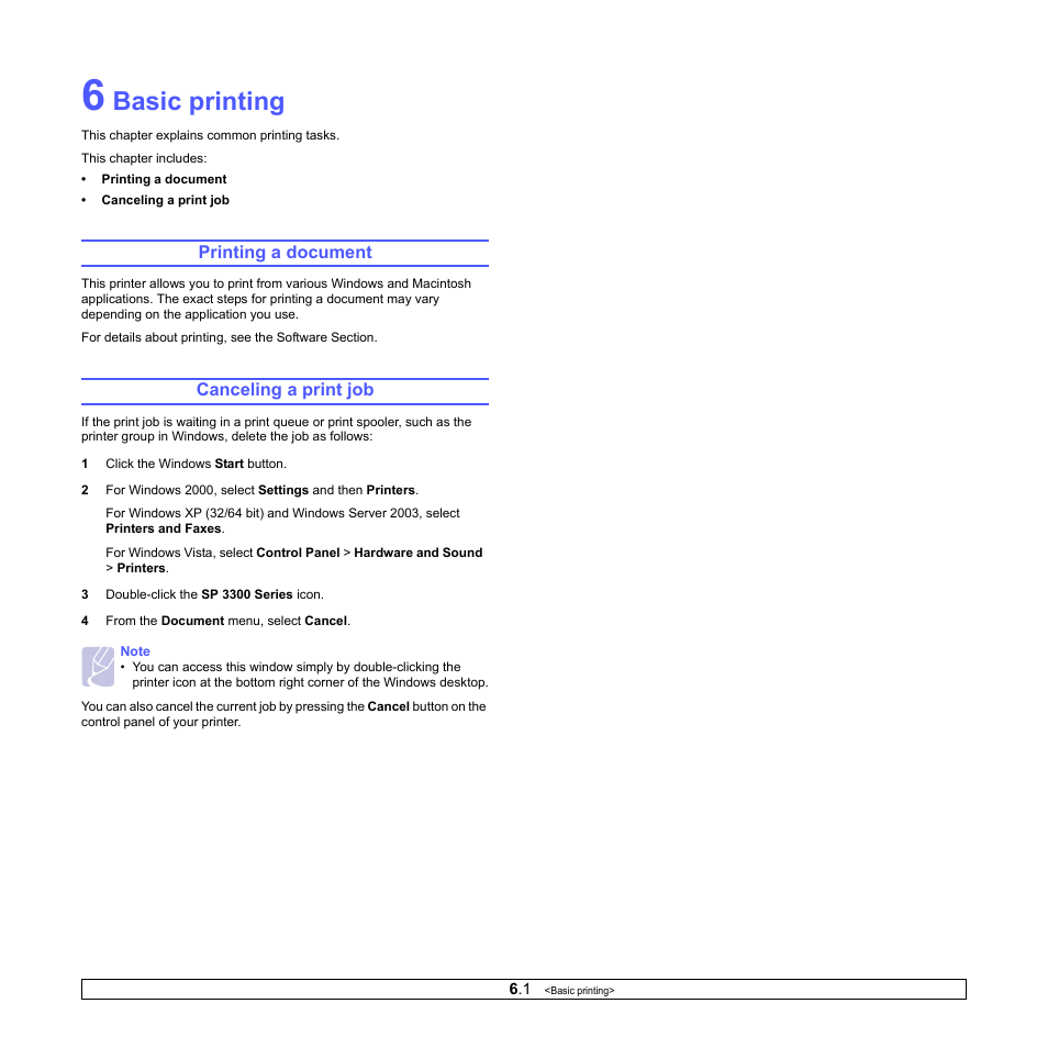 Basic printing, Printing a document, Canceling a print job | Printing a document canceling a print job | HP SP 3300 User Manual | Page 25 / 105