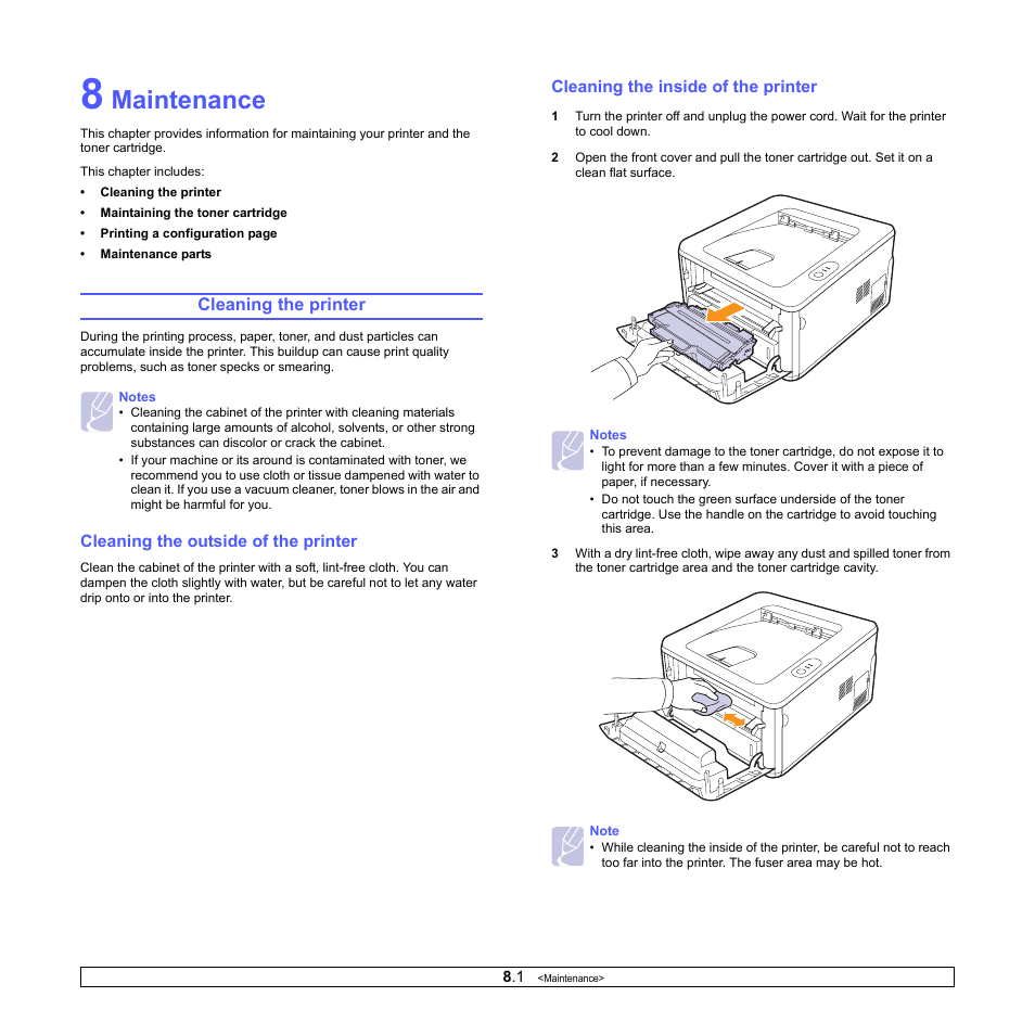 Maintenance, Cleaning the printer, Cleaning the outside of the printer | Cleaning the inside of the printer | HP SP 3300 User Manual | Page 27 / 105