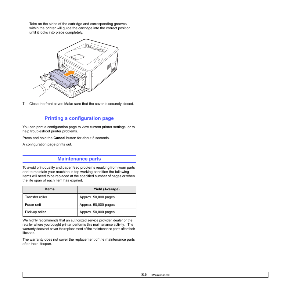 Maintenance parts, Age 8.5 in the user, Printing a configuration page | HP SP 3300 User Manual | Page 31 / 105