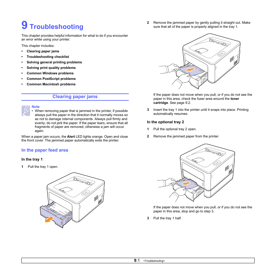 Troubleshooting, Clearing paper jams, In the paper feed area | HP SP 3300 User Manual | Page 32 / 105