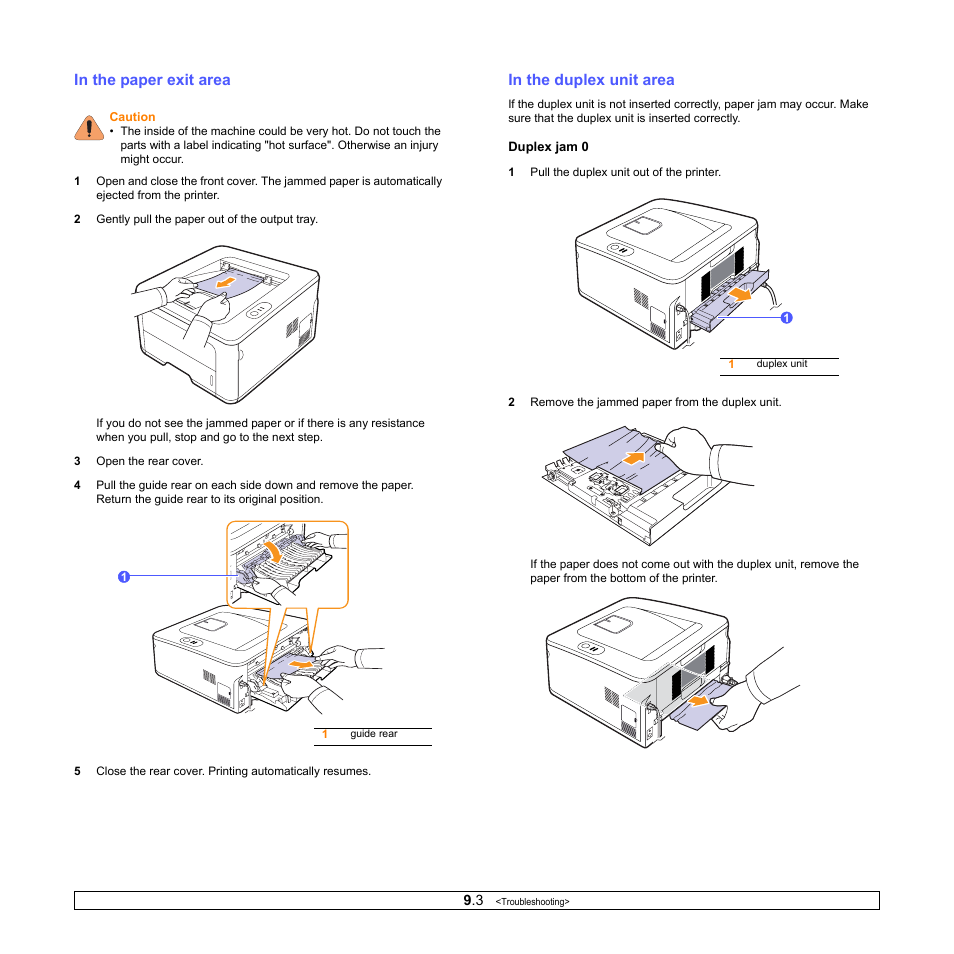 In the paper exit area, In the duplex unit area | HP SP 3300 User Manual | Page 34 / 105