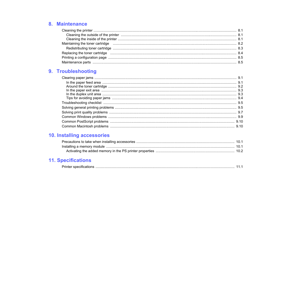 Maintenance, Troubleshooting, Installing accessories | Specifications | HP SP 3300 User Manual | Page 4 / 105