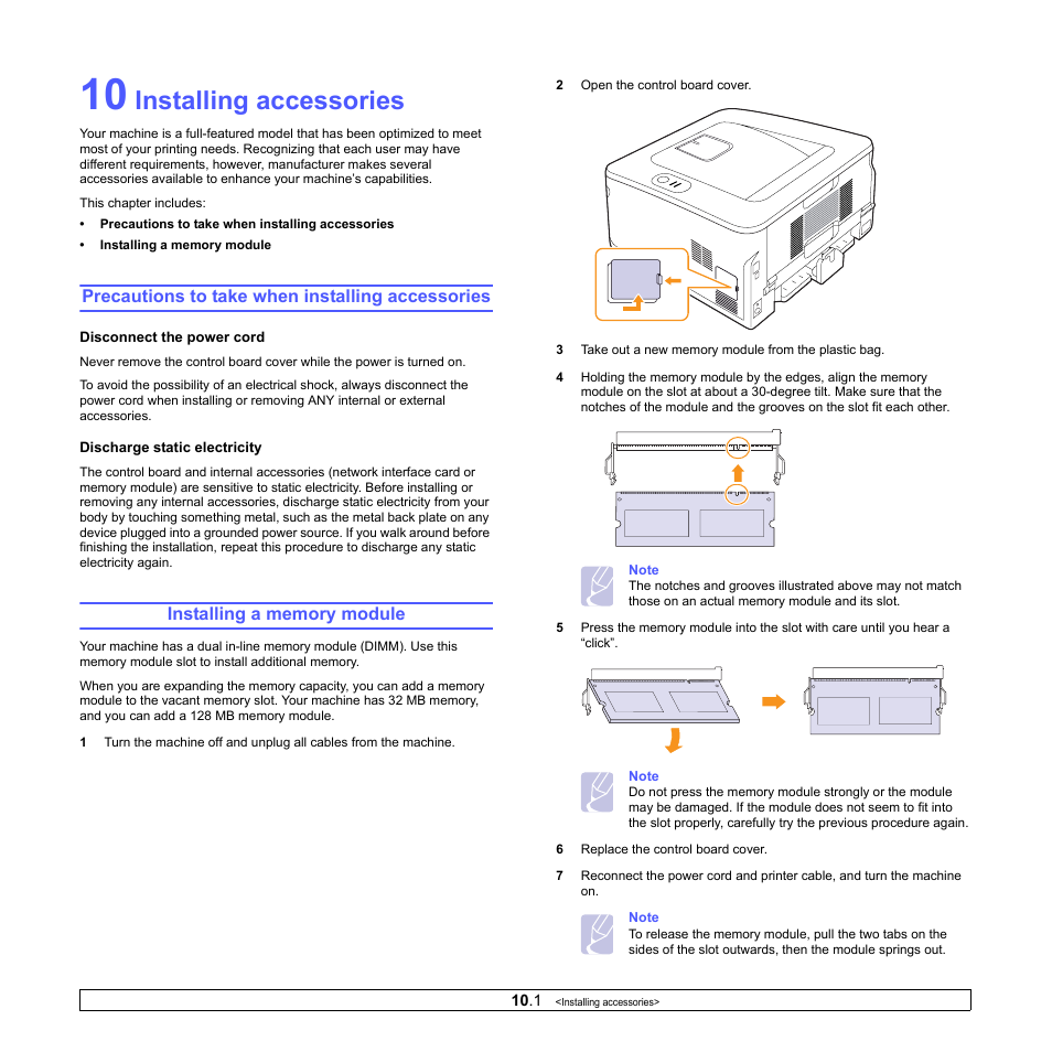 Installing accessories, Precautions to take when installing accessories, Installing a memory module | HP SP 3300 User Manual | Page 42 / 105