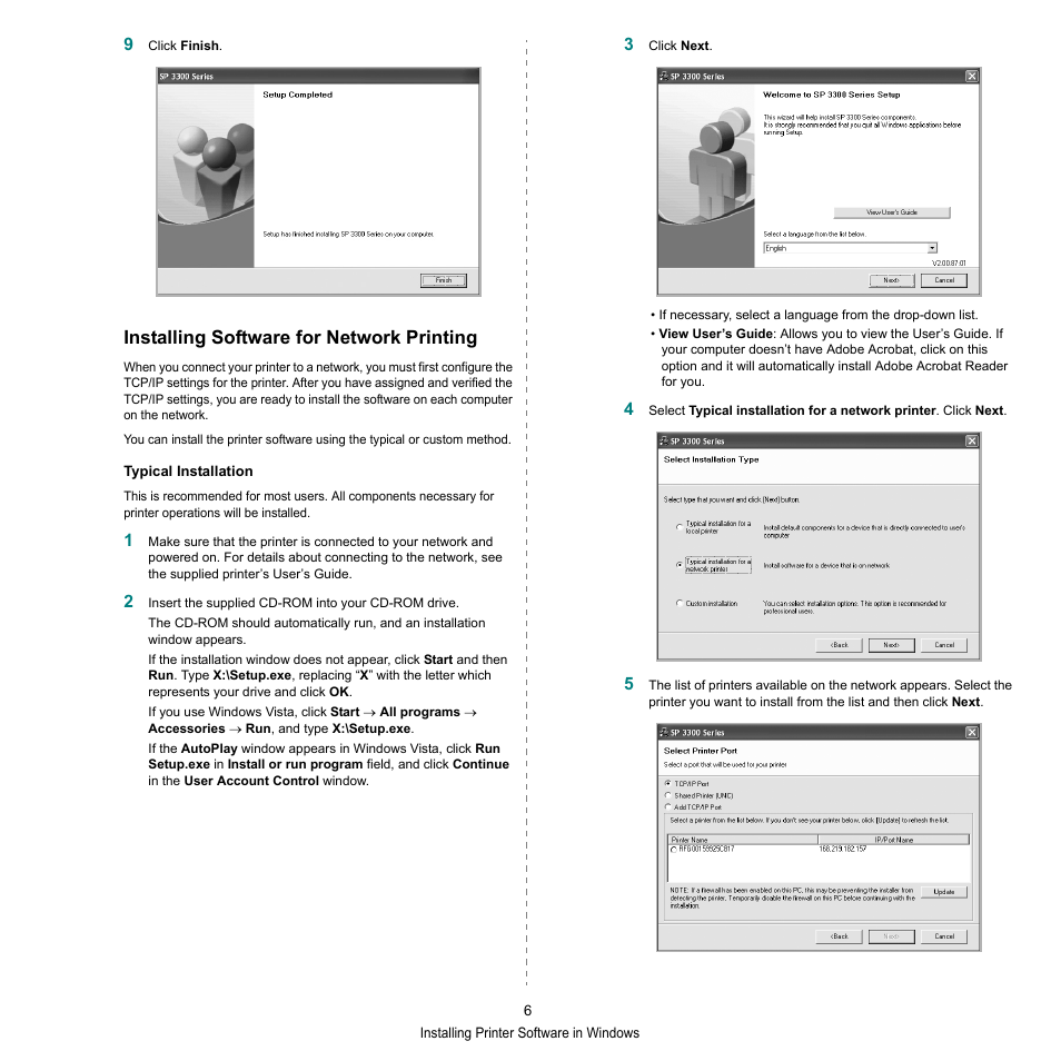 Installing software for network printing | HP SP 3300 User Manual | Page 52 / 105