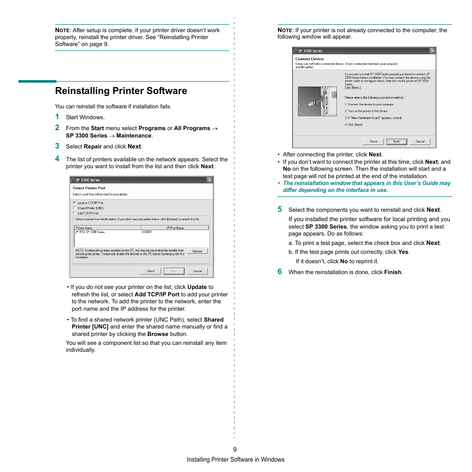 Reinstalling printer software | HP SP 3300 User Manual | Page 55 / 105
