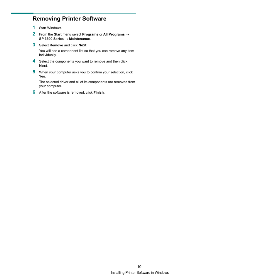 Removing printer software | HP SP 3300 User Manual | Page 56 / 105