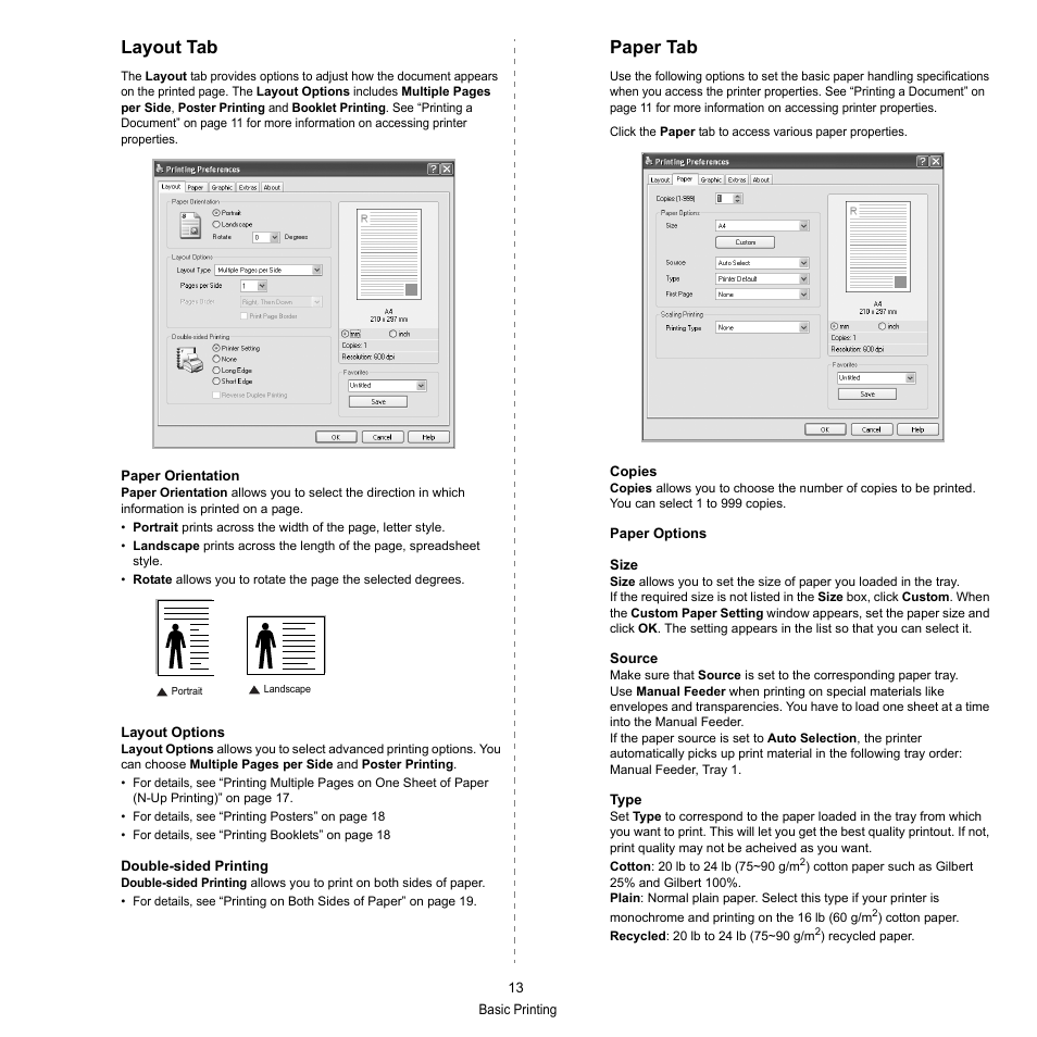 Layout tab, Paper tab, Layout tab paper tab | HP SP 3300 User Manual | Page 59 / 105