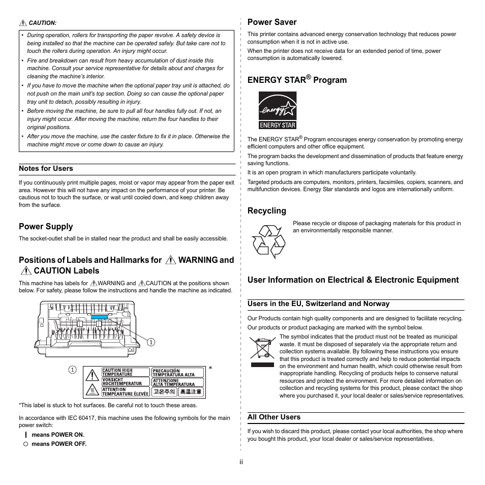 Power supply, Power saver, Energy star | Program, Recycling | HP SP 3300 User Manual | Page 6 / 105