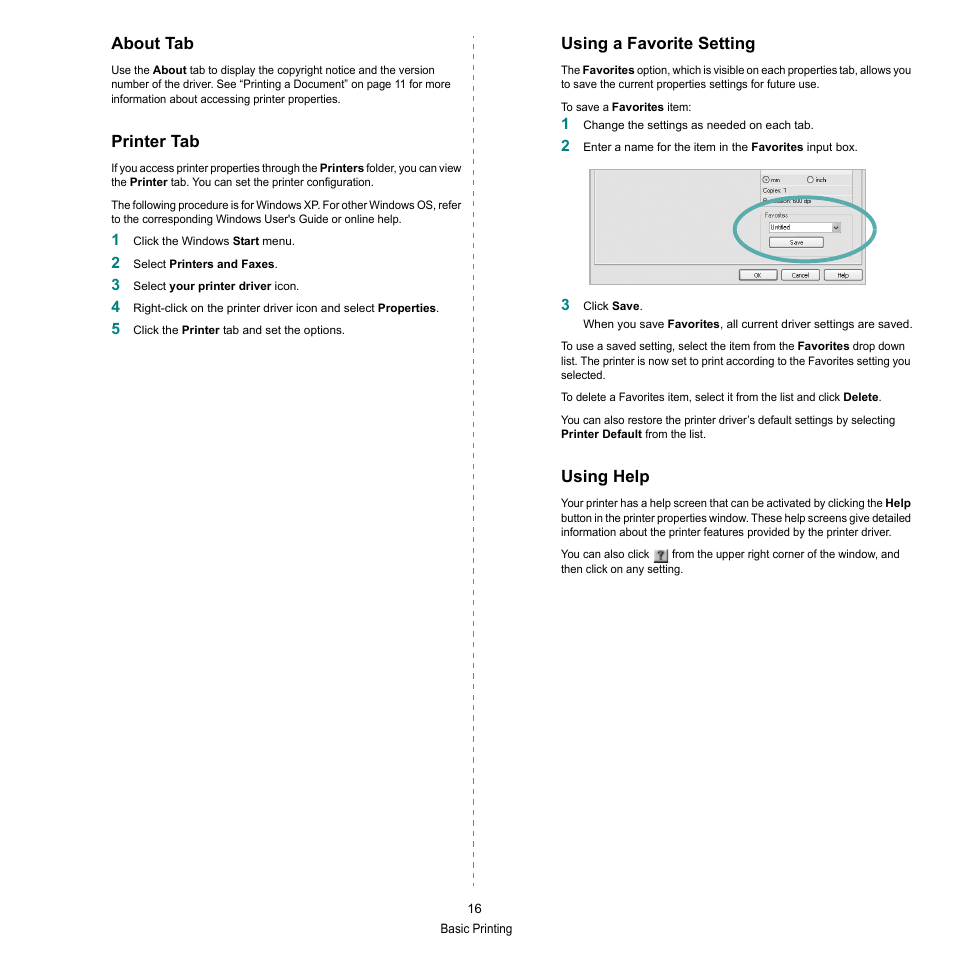 About tab, Printer tab, Using a favorite setting | Using help | HP SP 3300 User Manual | Page 62 / 105