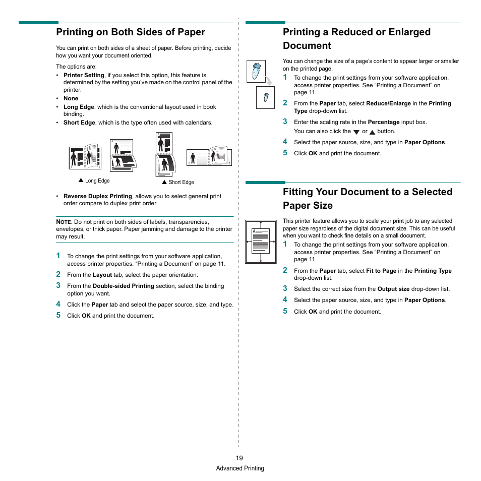 Printing on both sides of paper, Printing a reduced or enlarged document, Fitting your document to a selected paper size | Printing a reduced or enlarged document” on | HP SP 3300 User Manual | Page 65 / 105