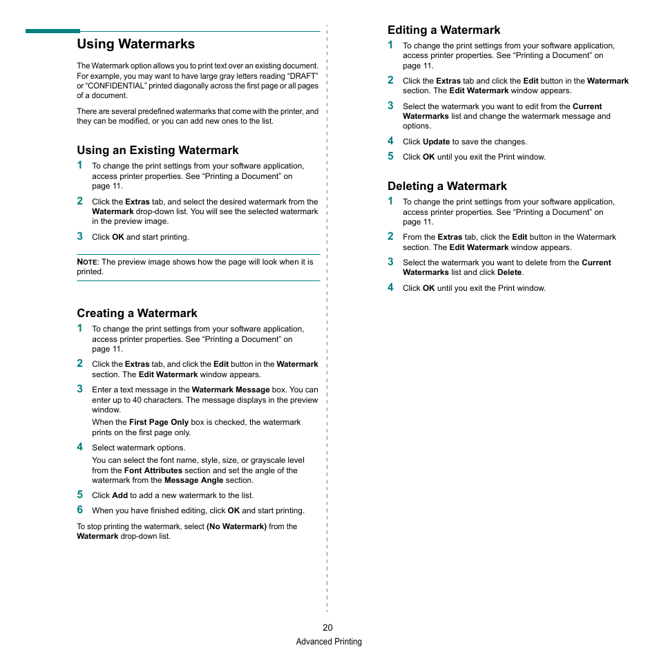 Using watermarks, Using an existing watermark, Creating a watermark | Editing a watermark, Deleting a watermark | HP SP 3300 User Manual | Page 66 / 105