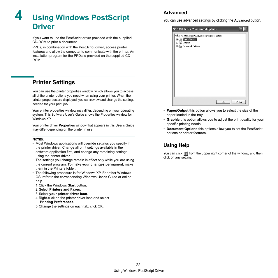 Using windows postscript driver, Printer settings, Advanced | Using help, Advanced using help | HP SP 3300 User Manual | Page 68 / 105