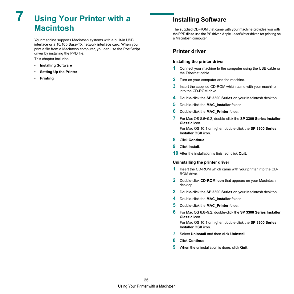 Using your printer with a macintosh, Installing software, Printer driver | HP SP 3300 User Manual | Page 71 / 105