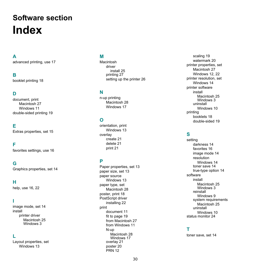 Software section index, Index | HP SP 3300 User Manual | Page 76 / 105