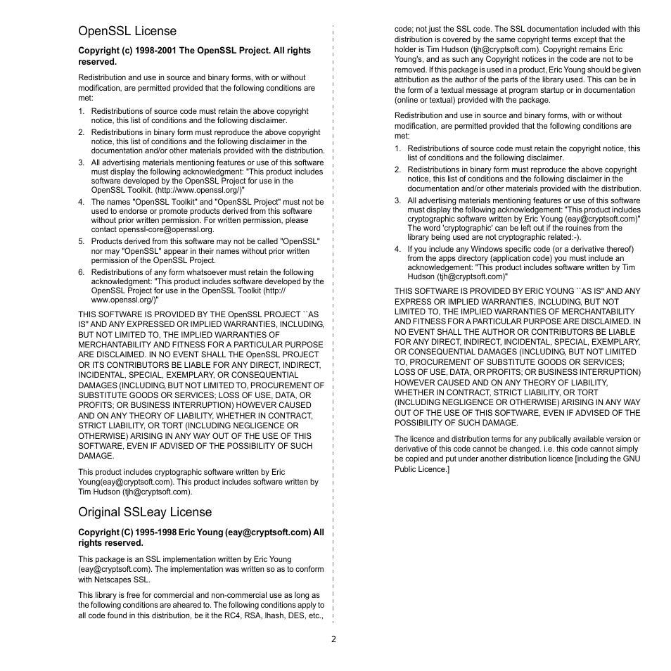 Openssl license, Original ssleay license | HP SP 3300 User Manual | Page 80 / 105
