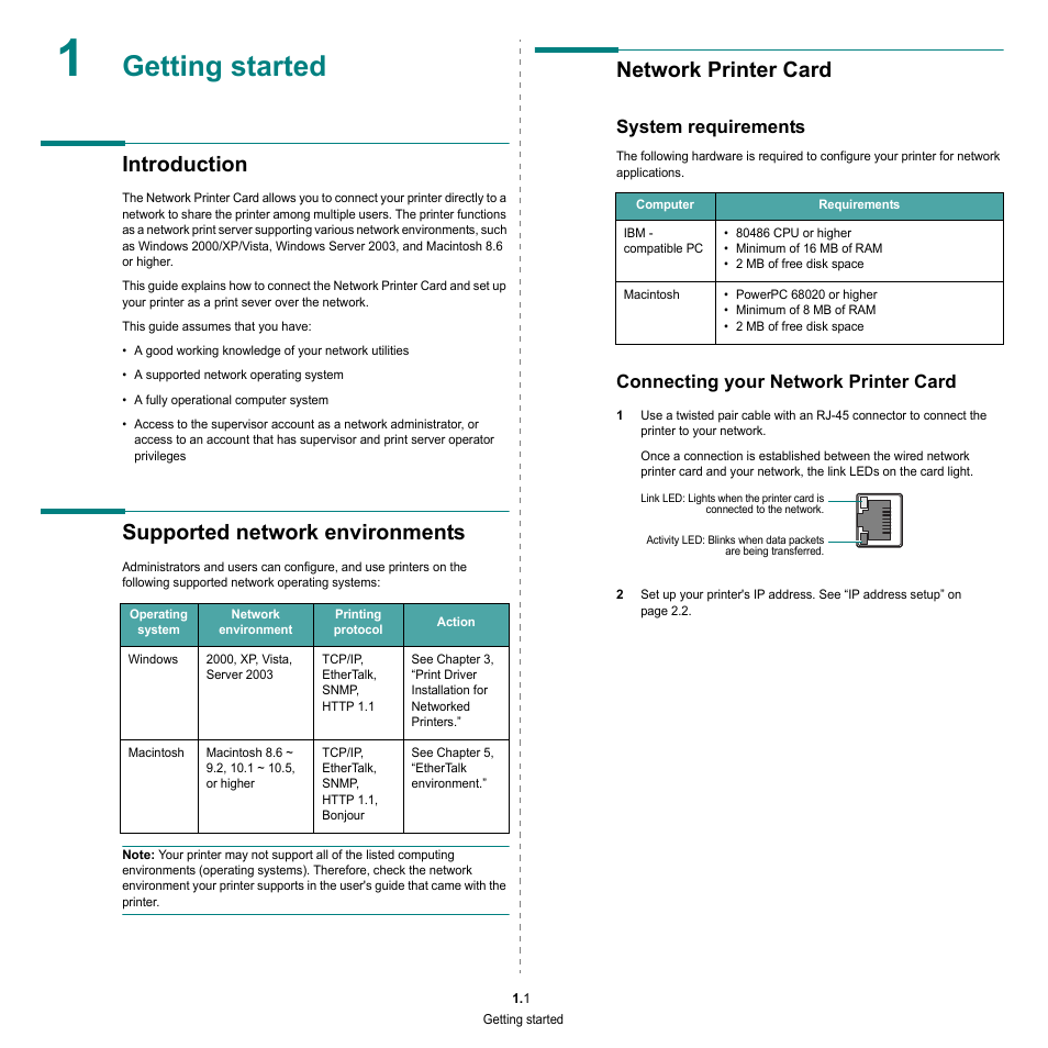 Getting started, Introduction, Supported network environments | Network printer card, System requirements, Connecting your network printer card | HP SP 3300 User Manual | Page 84 / 105