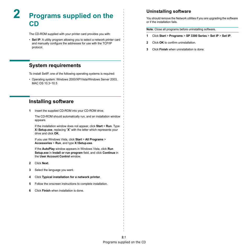 Programs supplied on the cd, System requirements, Installing software | Uninstalling software, System requirements installing software | HP SP 3300 User Manual | Page 85 / 105