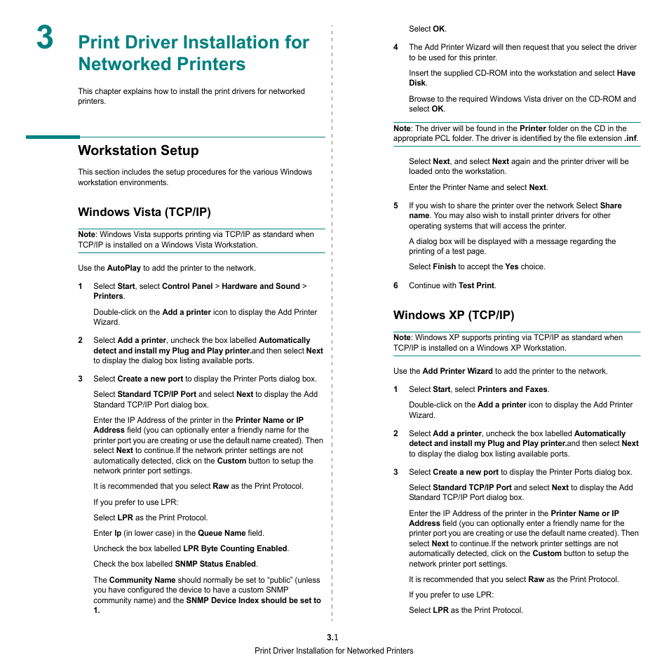 Print driver installation for networked printers, Workstation setup, Windows vista (tcp/ip) | Windows xp (tcp/ip), Windows vista (tcp/ip) windows xp (tcp/ip) | HP SP 3300 User Manual | Page 87 / 105