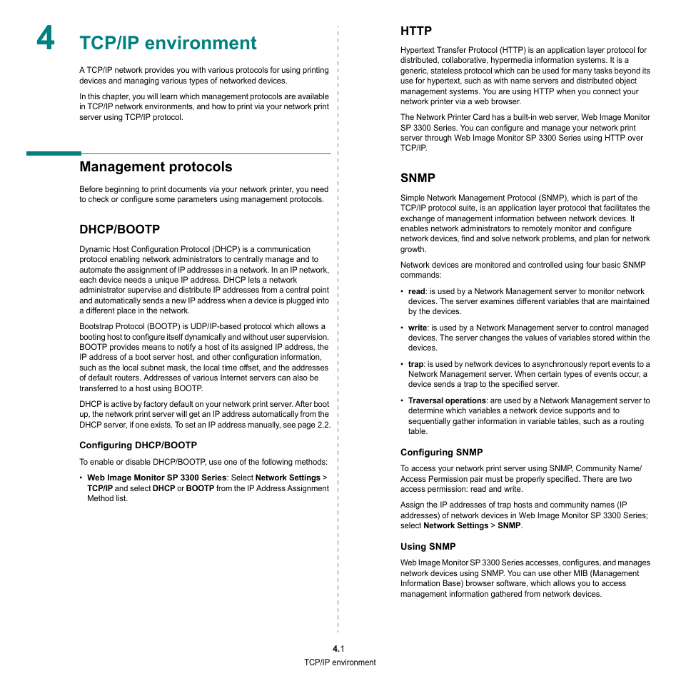 Tcp/ip environment, Management protocols, Dhcp/bootp | Http, Snmp, Dhcp/bootp http snmp | HP SP 3300 User Manual | Page 90 / 105