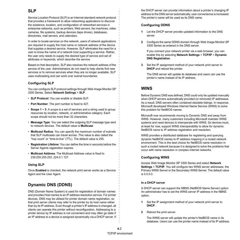 Dynamic dns (ddns), Wins, Slp dynamic dns (ddns) wins | HP SP 3300 User Manual | Page 91 / 105