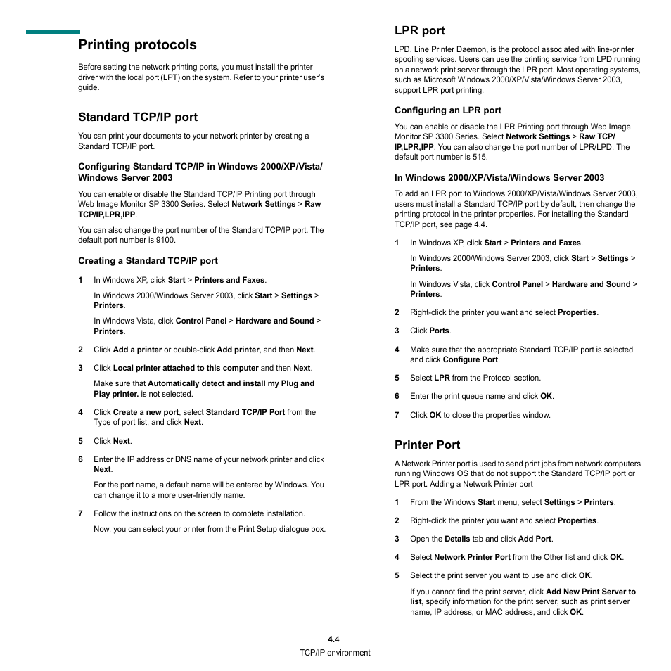 Printing protocols, Standard tcp/ip port, Lpr port | Printer port, Standard tcp/ip port lpr port printer port | HP SP 3300 User Manual | Page 93 / 105