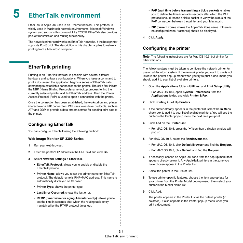 Ethertalk environment, Ethertalk printing, Configuring ethertalk | Configuring the printer, Configuring ethertalk configuring the printer | HP SP 3300 User Manual | Page 96 / 105