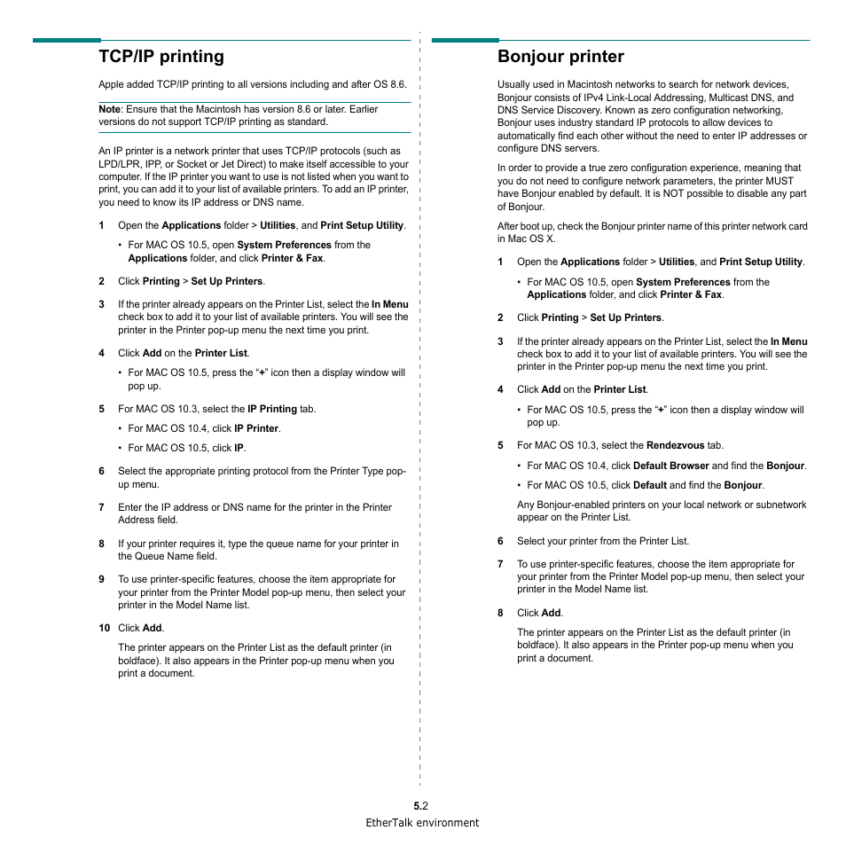 Tcp/ip printing, Bonjour printer, Tcp/ip printing bonjour printer | HP SP 3300 User Manual | Page 97 / 105