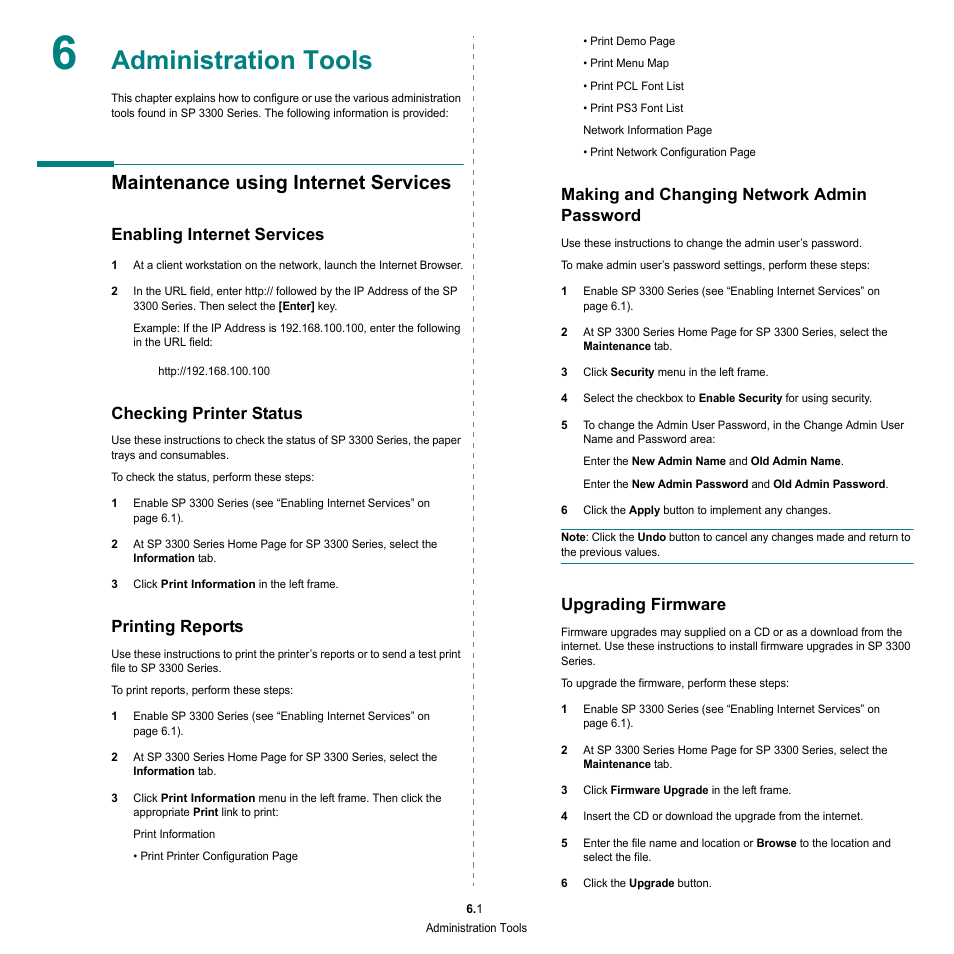 Administration tools, Maintenance using internet services, Enabling internet services | Checking printer status, Printing reports, Making and changing network admin password, Upgrading firmware | HP SP 3300 User Manual | Page 98 / 105