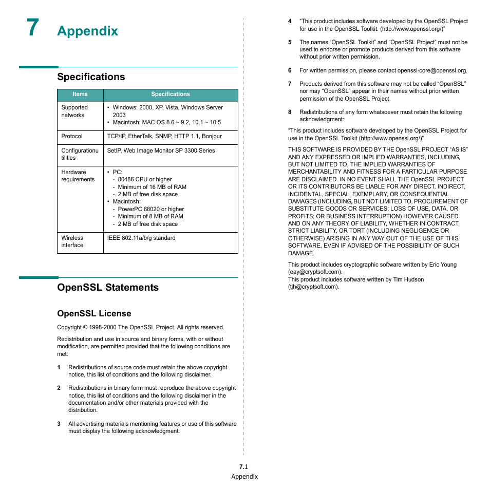 Appendix, Specifications, Openssl statements | Openssl license, Specifications openssl statements | HP SP 3300 User Manual | Page 99 / 105