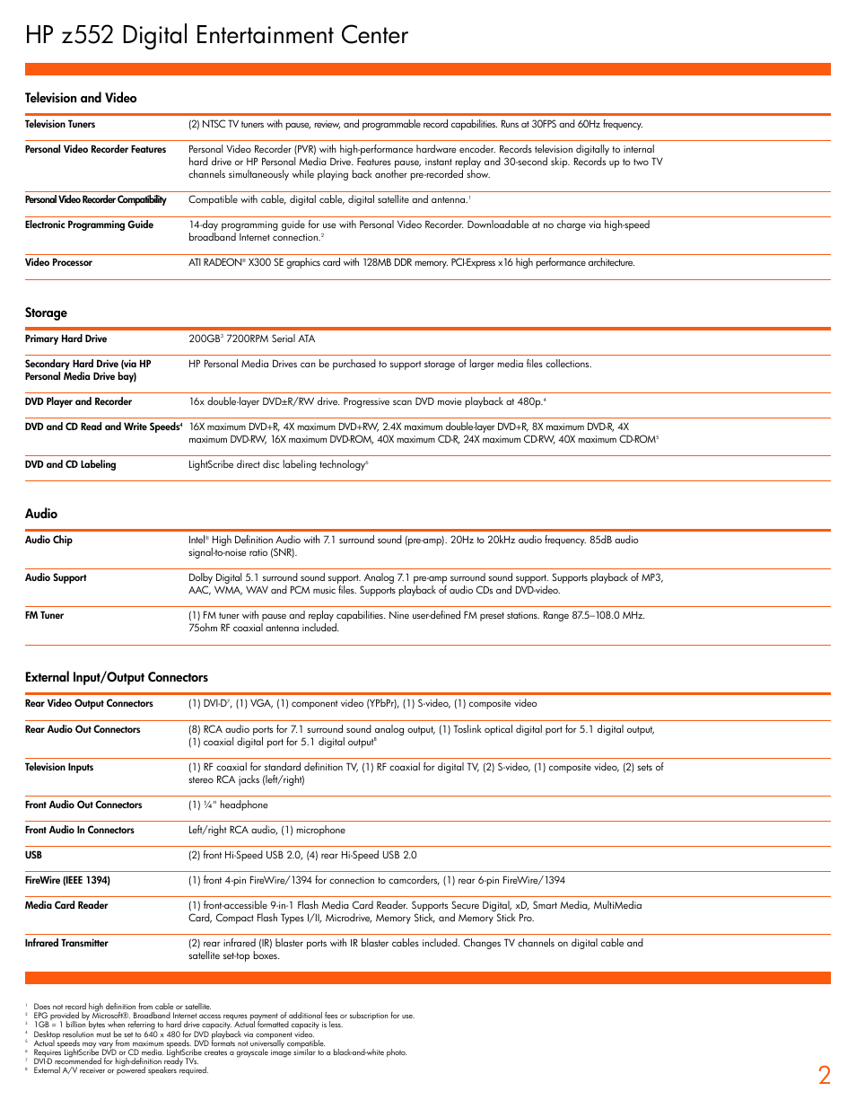 Hp z552 digital entertainment center, Television and video, Storage | Audio, External input/output connectors | HP z552 User Manual | Page 2 / 4