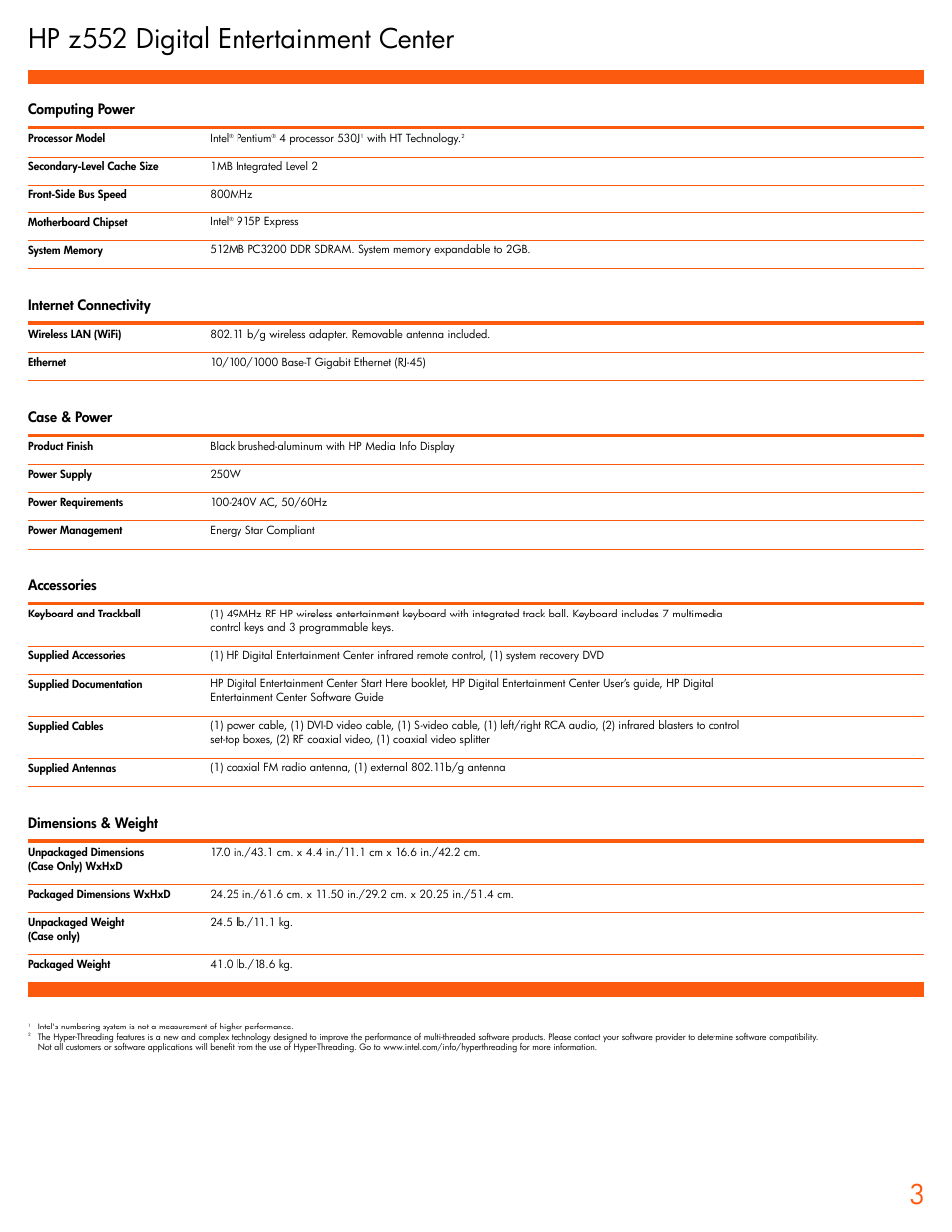 Hp z552 digital entertainment center, Computing power, Internet connectivity | Case & power, Accessories, Dimensions & weight | HP z552 User Manual | Page 3 / 4