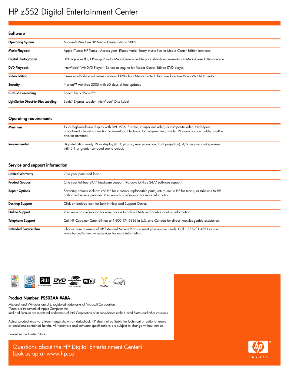 Hp z552 digital entertainment center, Software, Operating requirements | Service and support information, Product number: ps503aa #aba | HP z552 User Manual | Page 4 / 4