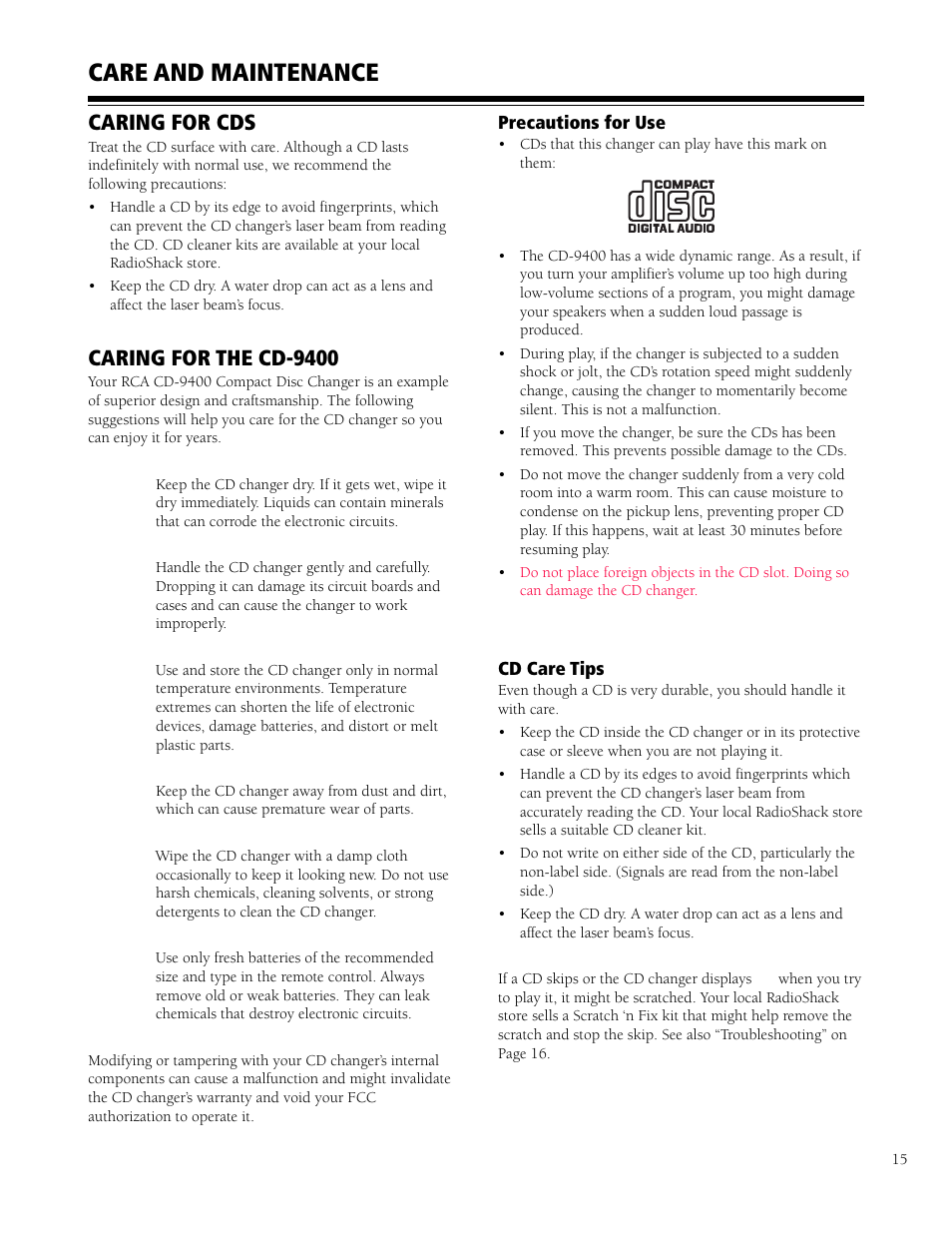 Care and maintenance, Caring for cds, Caring for the cd-9400 | HP CD-9400 User Manual | Page 15 / 20