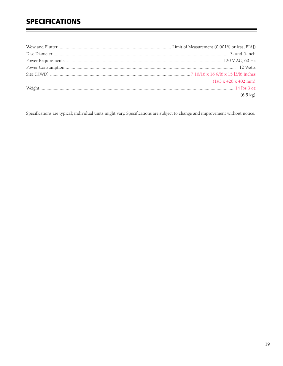 Specifications | HP CD-9400 User Manual | Page 19 / 20