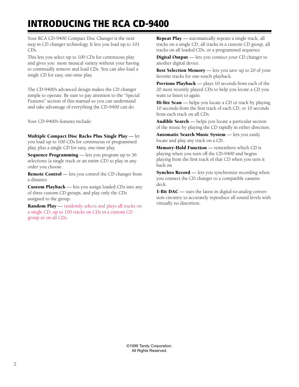 Introducing the rca cd-9400 | HP CD-9400 User Manual | Page 2 / 20
