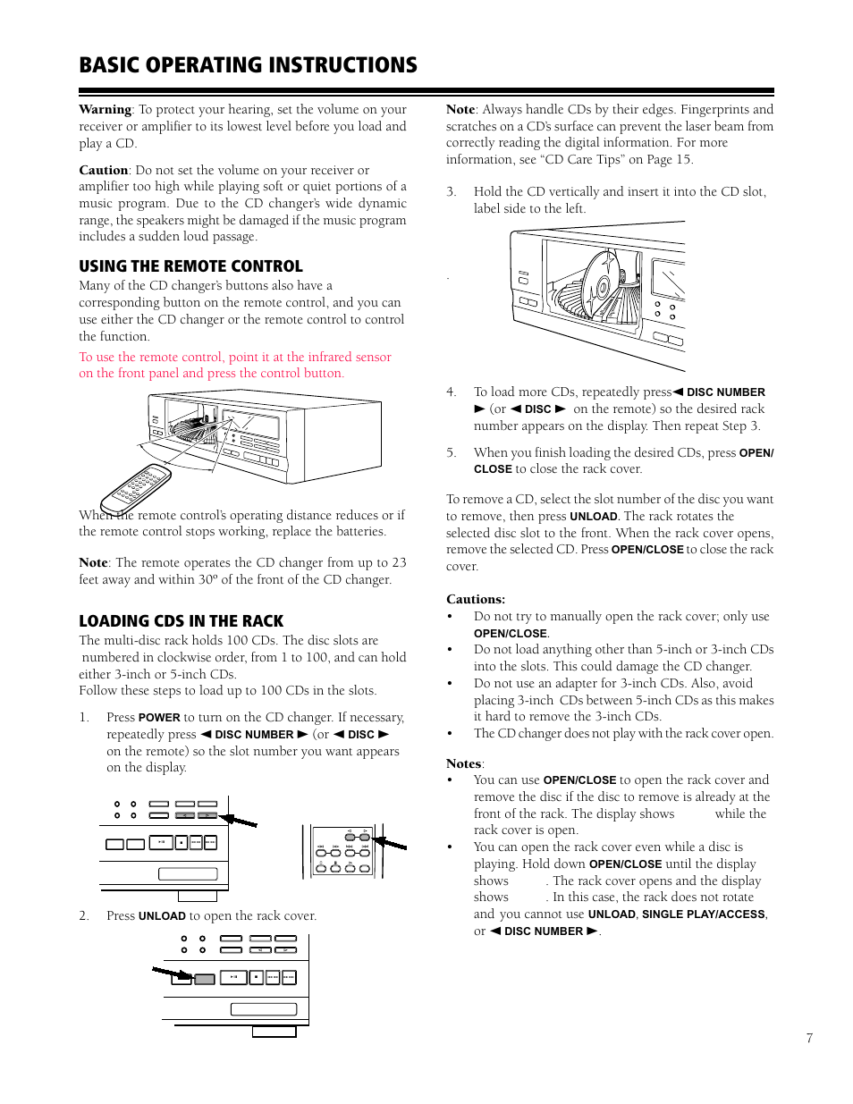 Basic operating instructions, Using the remote control, Loading cds in the rack | 3 (or 2, Or 2, Press | HP CD-9400 User Manual | Page 7 / 20