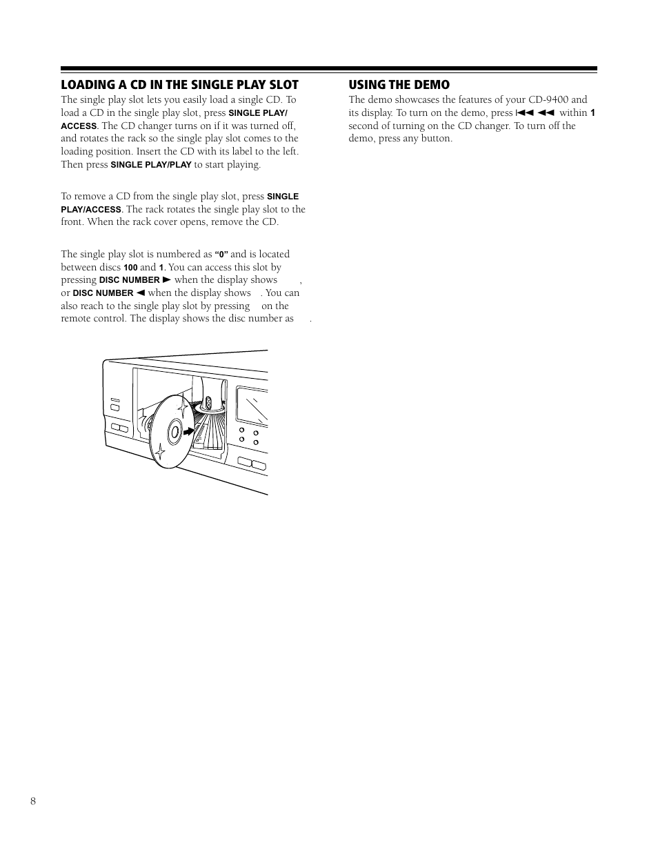 Loading a cd in the single play slot, Using the demo | HP CD-9400 User Manual | Page 8 / 20